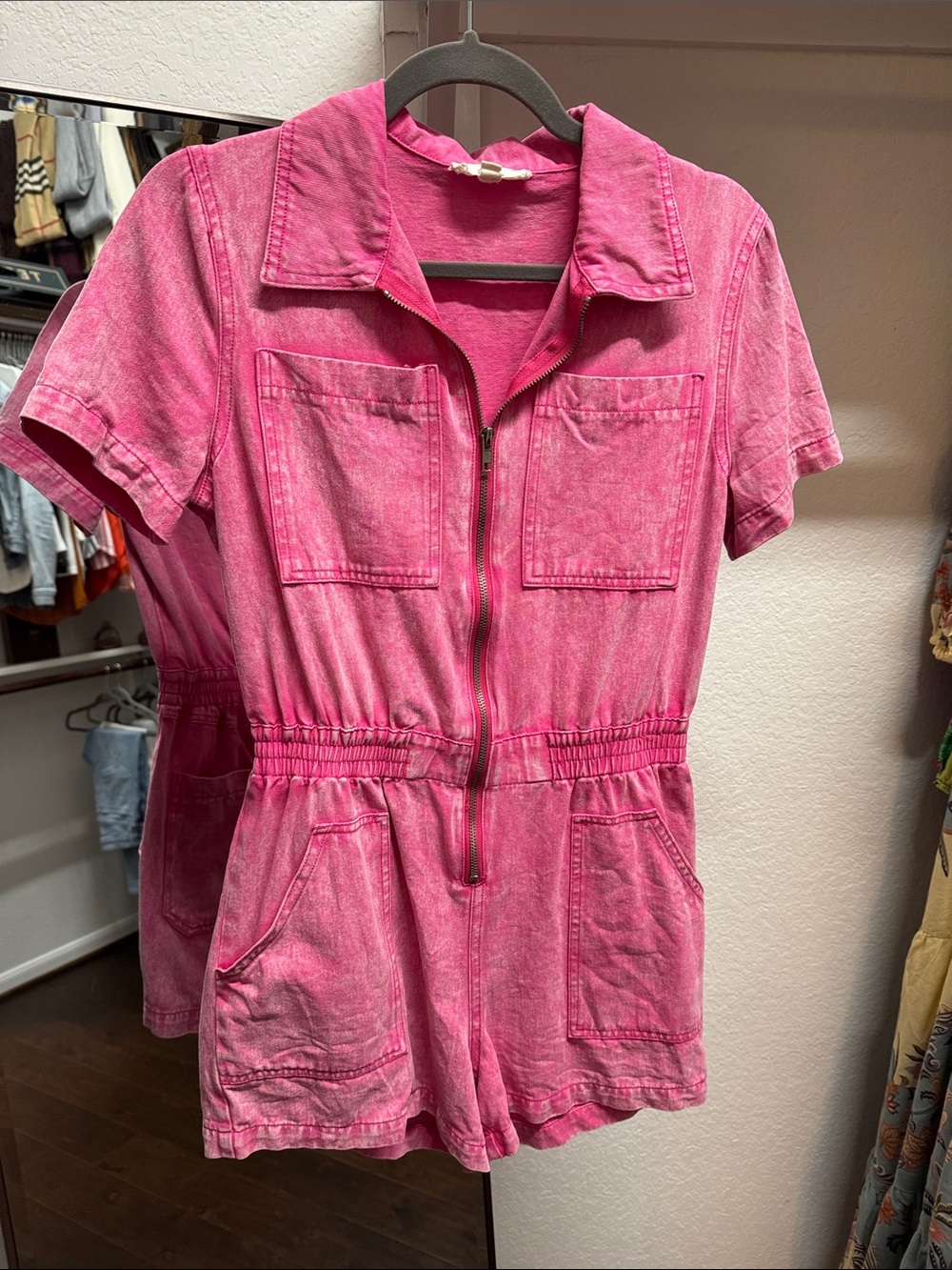 Elan Pink Short Sleeve Zip Front Romper